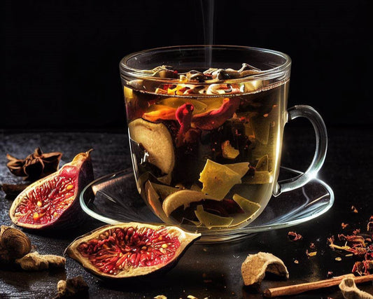 tisana artesanal de higo y jengibre con frutas deshidratadas, infusión saludable y especiada