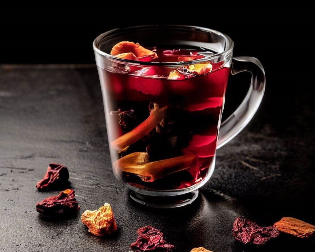 Tisana natural Ponche de Frutas sin azúcar añadida, sin saborizantes, conservadores ni colorantes; mezcla artesanal de frutas deshidratadas con un sabor auténtico, ideal para disfrutar caliente o fría