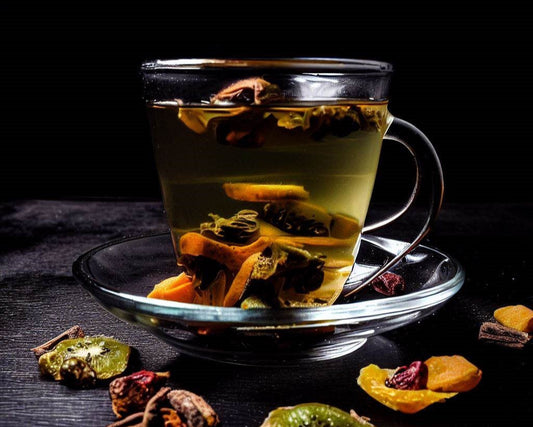 tisana artesanal de mango y kiwi con frutas deshidratadas, infusión frutal y natural