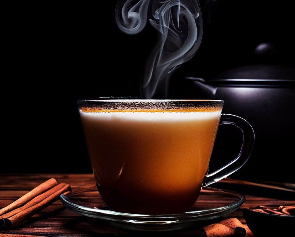 Té chai artesanal con especias como canela, jengibre y cardamomo en envase ecológico