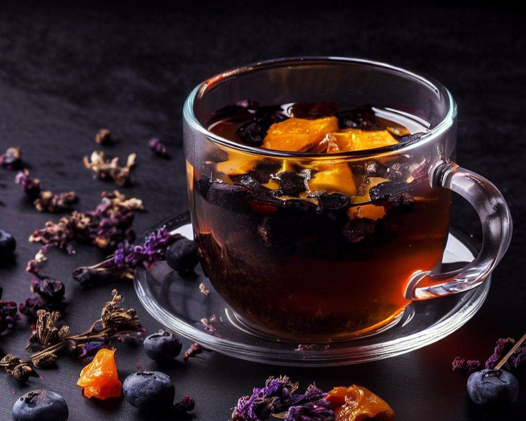 Tisana natural de blueberry elaborada con frutas deshidratadas, sin azúcar añadida, sin saborizantes, colorantes ni conservadores; bebida antioxidante con sabor intenso y auténtico a arándano