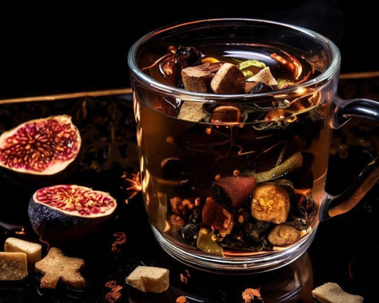tisana artesanal de higo y jengibre con frutas deshidratadas, infusión saludable y especiada