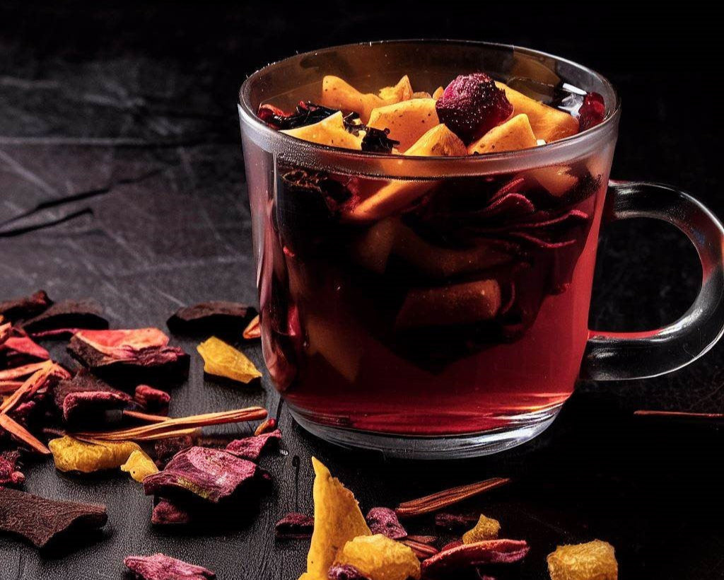 tisana artesanal de mango y fresa con fruta deshidratada, ideal para infusiones naturales