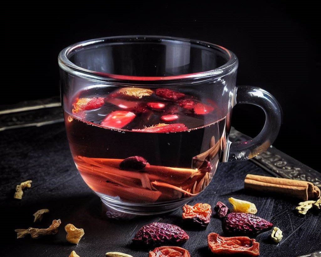 tisana artesanal de mango y fresa con fruta deshidratada, ideal para infusiones naturales