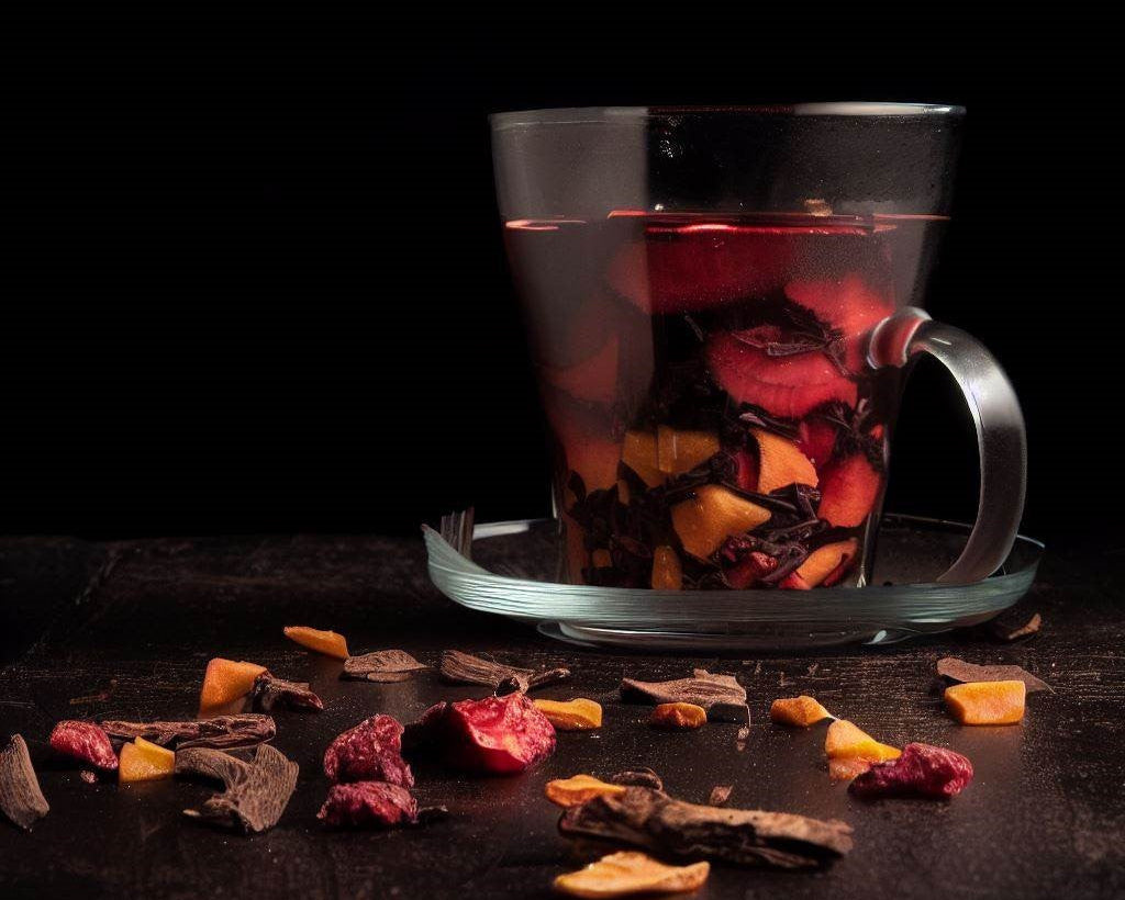 tisana artesanal de mango y fresa con fruta deshidratada, ideal para infusiones naturales