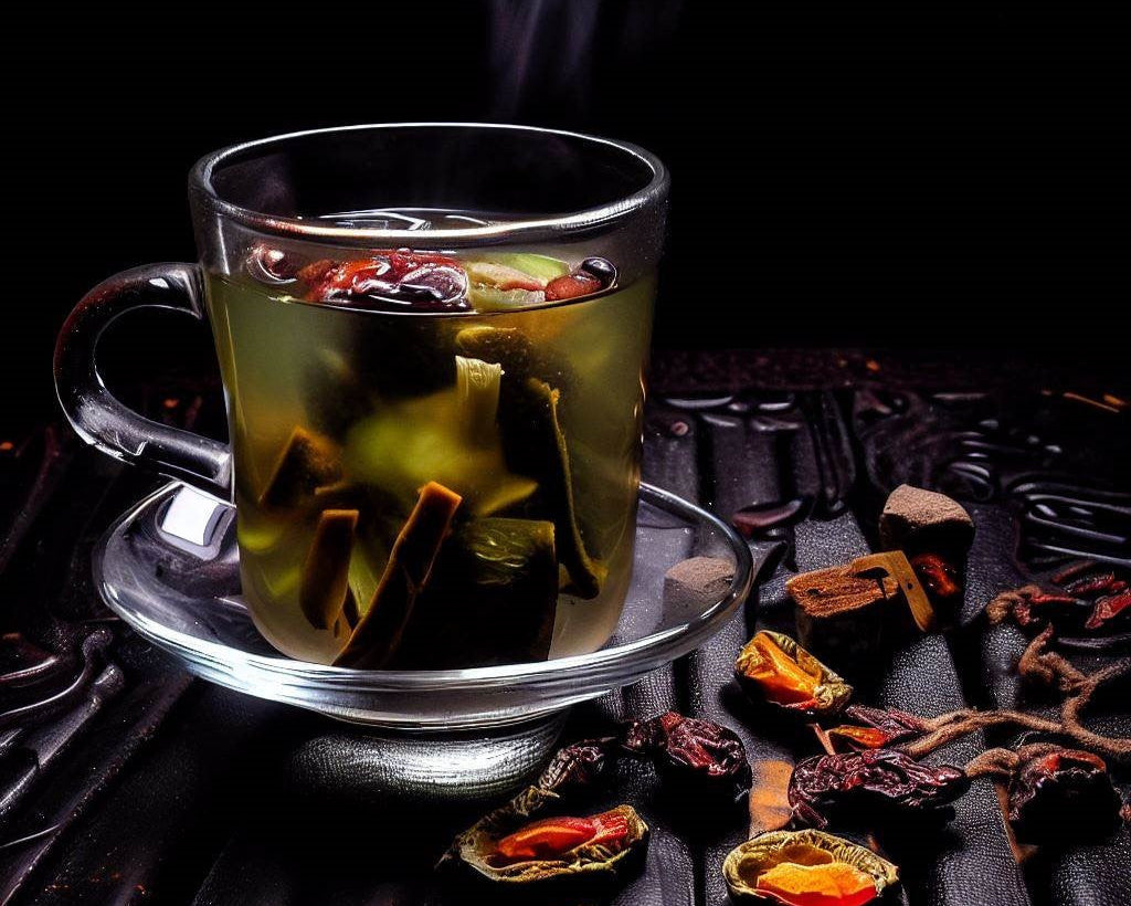 tisana artesanal de mango y kiwi con frutas deshidratadas, infusión frutal y natural